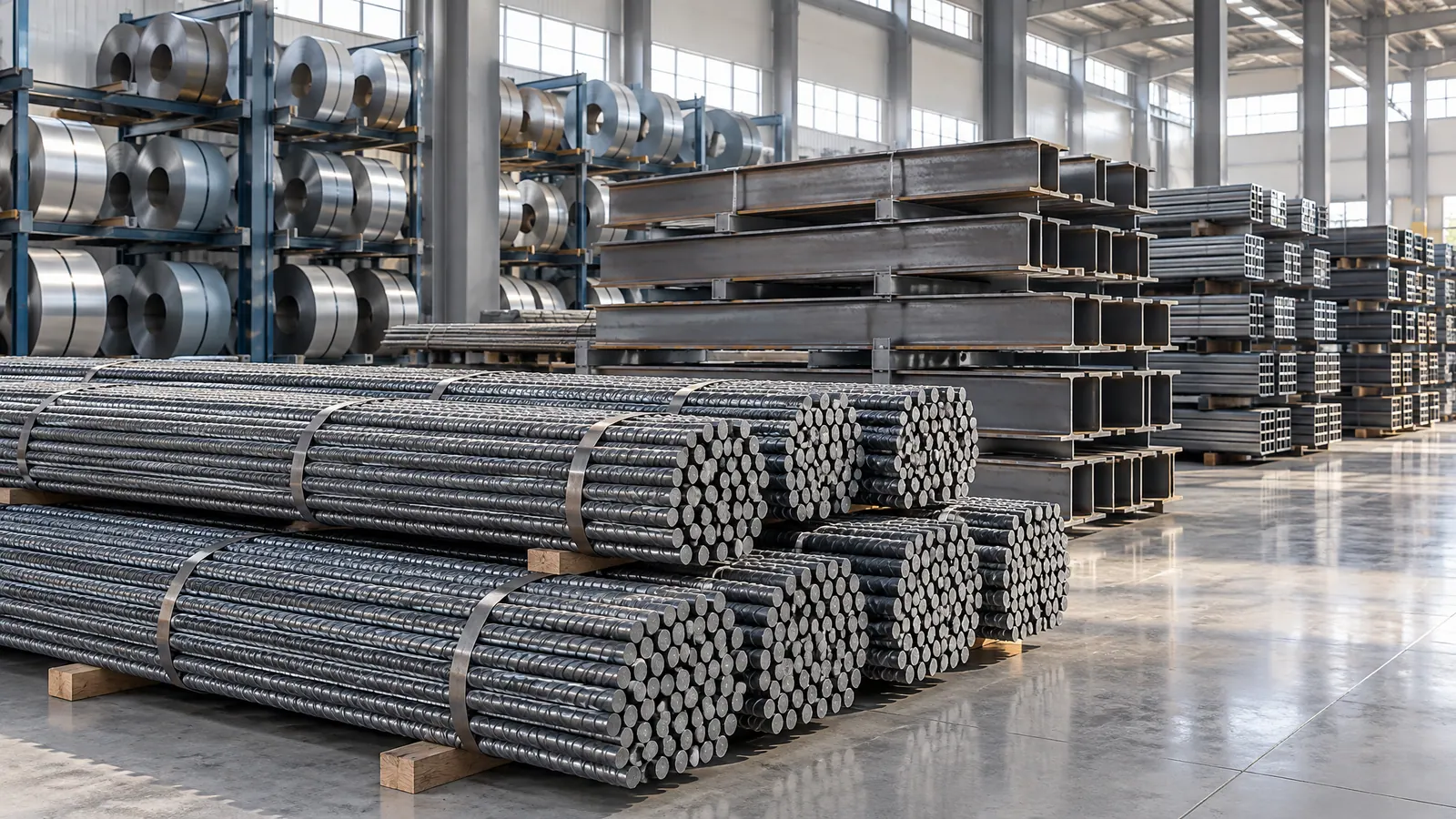 Stoc de oțel beton, profile metalice și colaci într-un depozit de produse siderurgice
