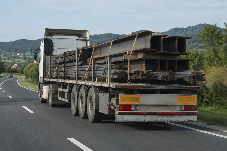 Camion încărcat cu produse din oțel pe șosea